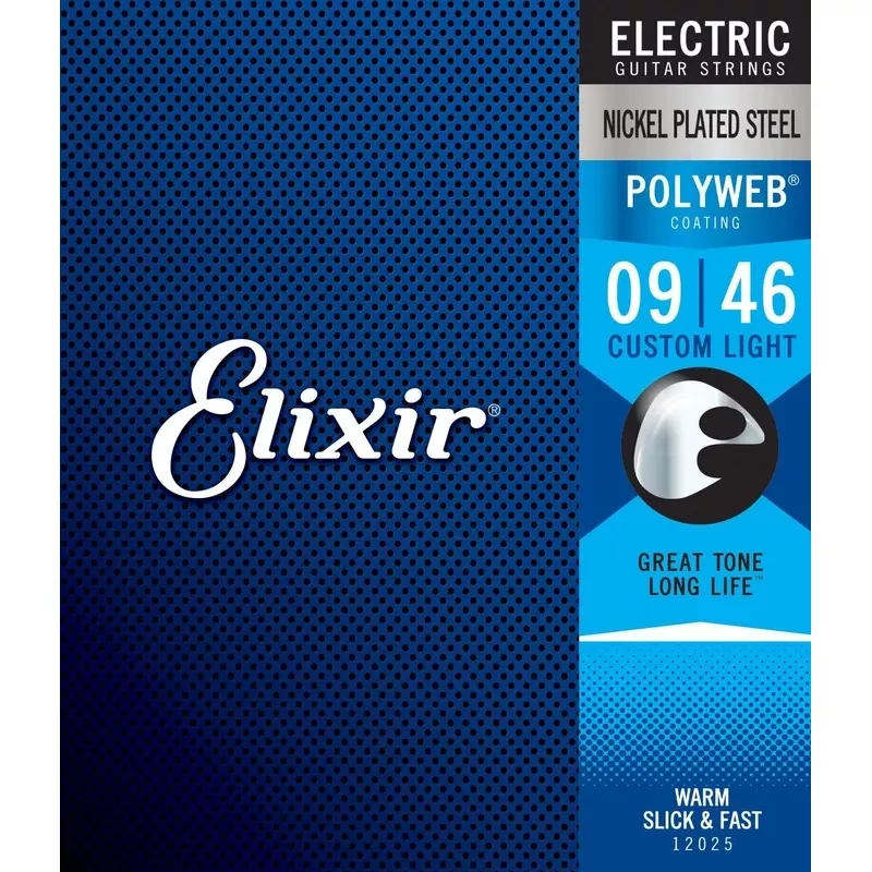 Elixir 12025 Polyweb Coated Custom Light Nickel Plated Steel Electric Guitar Strings – .009-0.46