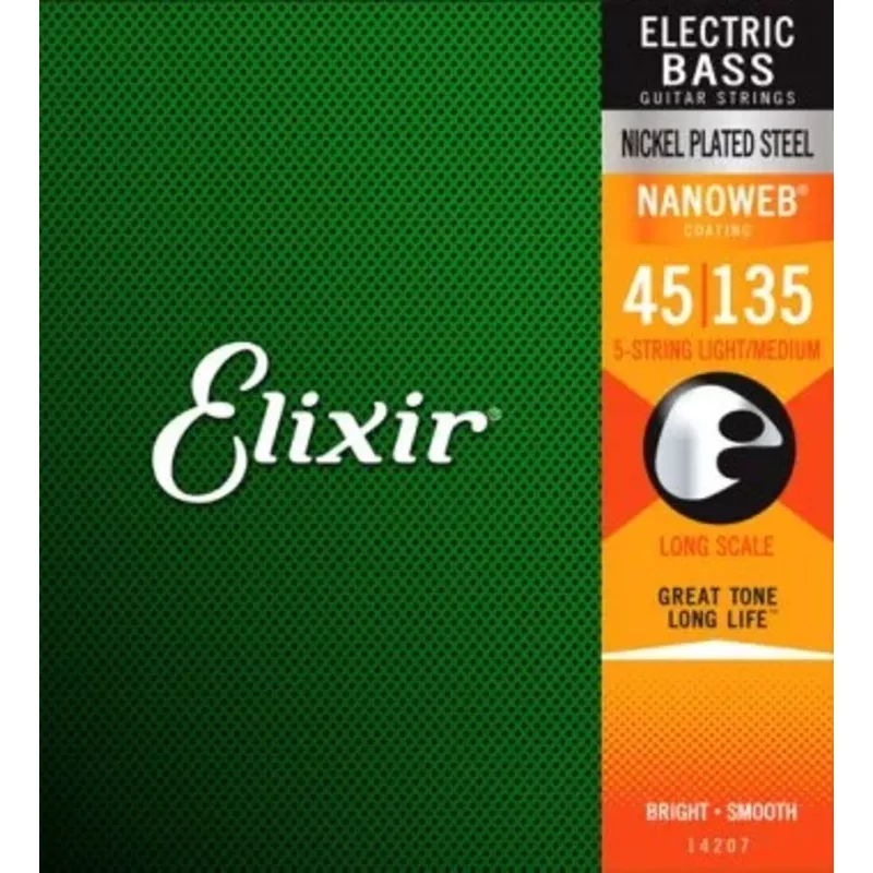 Elixir 14207 Nanoweb Coated Nickel Plated Steel Light/Medium Electric Bass 5 Strings – .045-.135