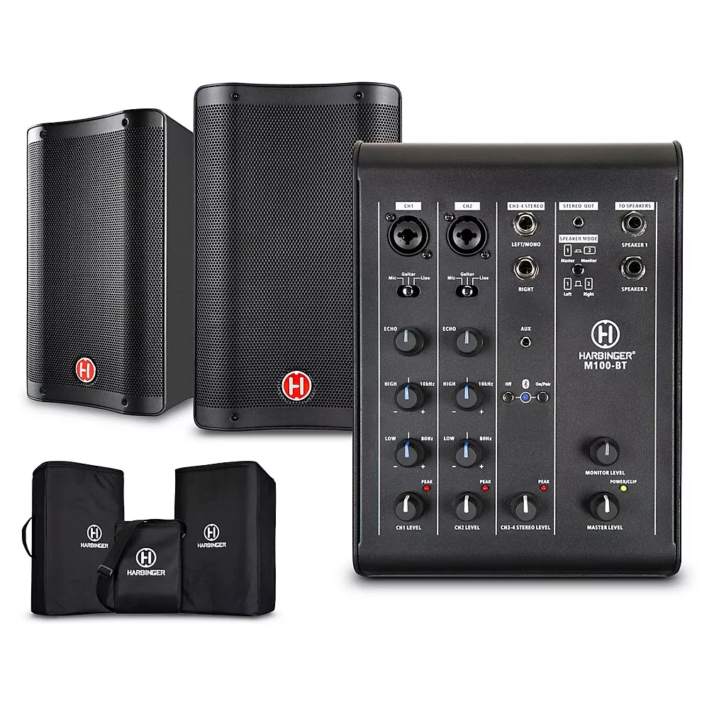 Harbinger M100-BT Portable PA With Bluetooth & Custom Carry Bags - 8" Mains
