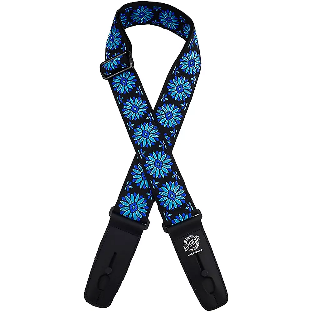 Lock-It Straps Jacquard 2" Locking Guitar Strap Black with Blue Flowers