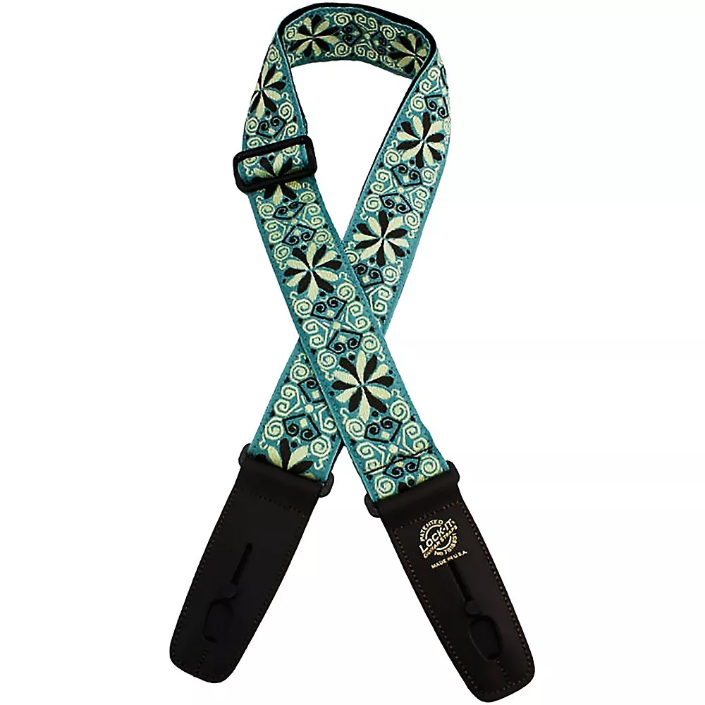 Lock-It Straps Jacquard 2" Locking Guitar Strap Teal with Cream Flowers